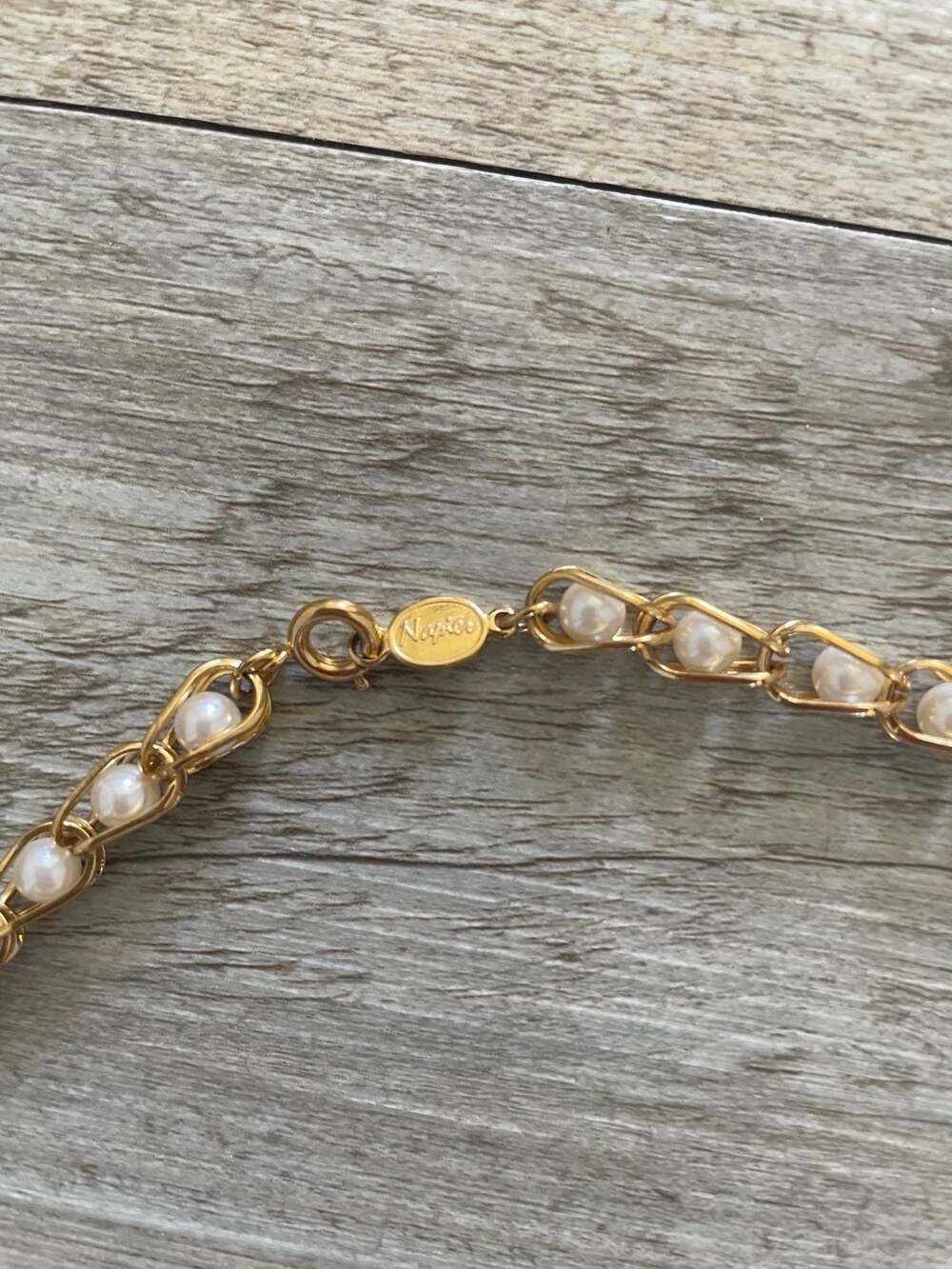 Vintage Napier Gold Tone Faux Pearl Cage Link Long Necklace - Picture 3 of 4
